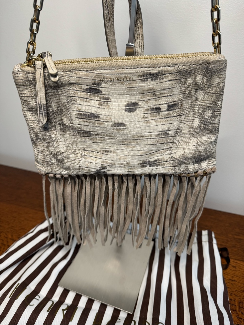 Henri Bendel Python Embossed Fringe Leather Crossbody - Like New
